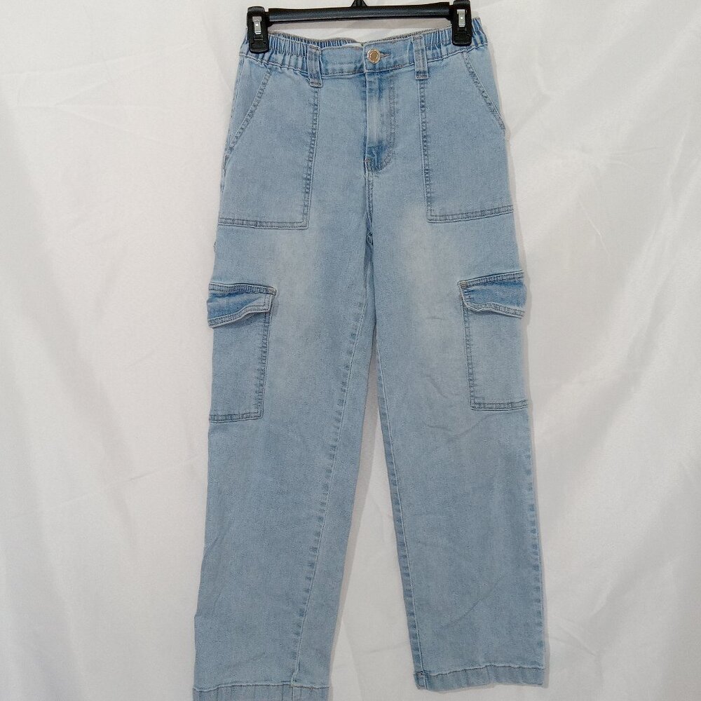 GOGO Women Sz 7/28 Blue High Rise Cargo Denim Jeans Wide Leg Skater Y2K Baggy